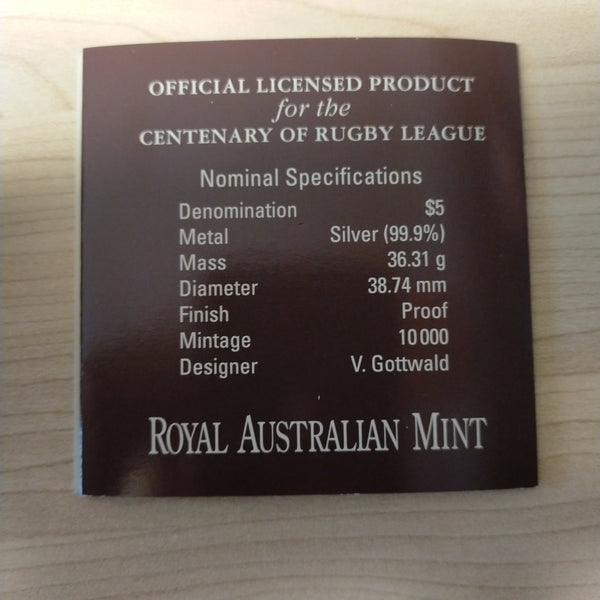 Australia 2008 Royal Australian Mint $5 Centenary of Rugby League .999 Silver Proof Coin