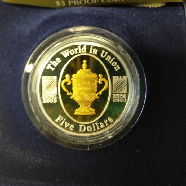 Australia 2003 Royal Australian Mint $5 Rugby World Cup 1oz .999 Silver Proof Gold Plated Coin