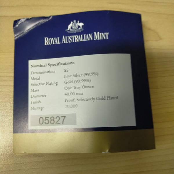 Australia 2003 Royal Australian Mint $5 Rugby World Cup 1oz .999 Silver Proof Gold Plated Coin