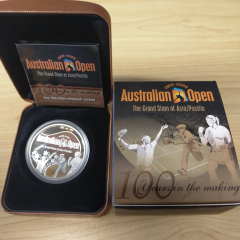Australia 2005 Perth Mint $1 100 Years Australian Open Tennis  .999 Silver Proof Coin