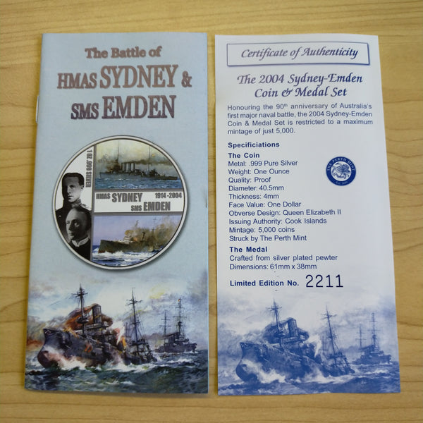 Australia 2004 Perth Mint $1 Battle of HMAS Sydney & SMS Emden Coin and Medal Set 1oz .999 Silver Proof Coin