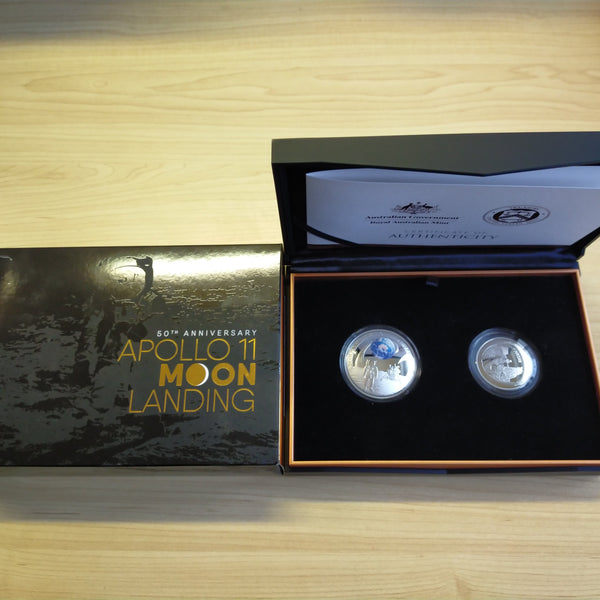 Australia United States of America 2019 Royal Australian Mint United States Mint $5 50th Anniversary Apollo 11 Moon Landing Two Coin Set 1oz .999 Silver Proof Coin US Half Dollar Proof Coin