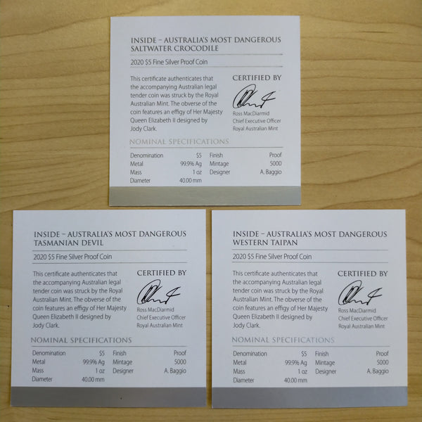 Australia 2020 Royal Australian Mint $5 Inside Australia's Most Dangerous 1oz .999 Silver Proof Coin Set of 3