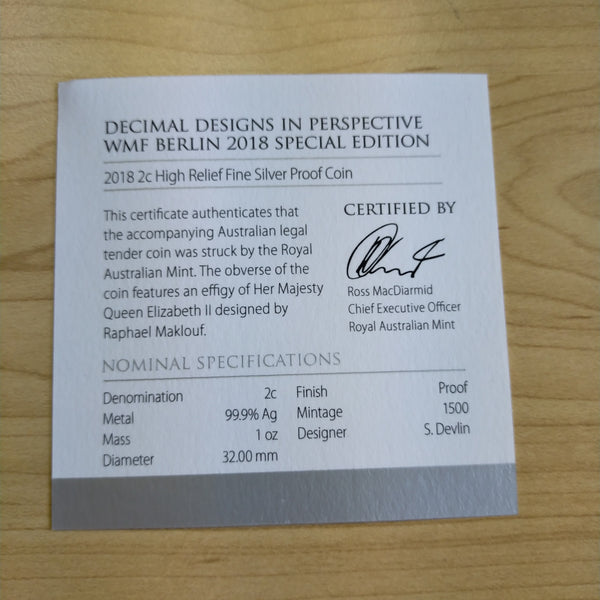 2018 Royal Australian Mint 2c Decimal Designs In Perspective High Relief 1oz .999 Silver Proof Coin