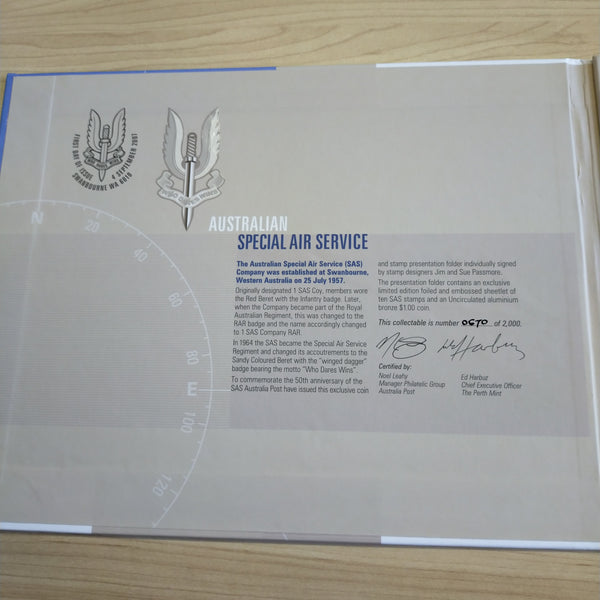 2007 Perth Mint 50th Anniversary Special Air Service $1 Coin and Stamp Sheet Presentation Folder