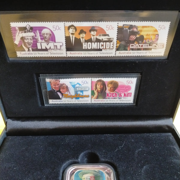 Australia 2006 Perth Mint Australia Post $1 50 Years of Australian Television 1oz .999 Proof Silver Square Coin and Stamp Set