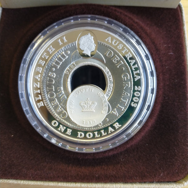 Australia 2003 Royal Australian Mint $1 Holey Dollar and Dump .999 Proof Silver Coin