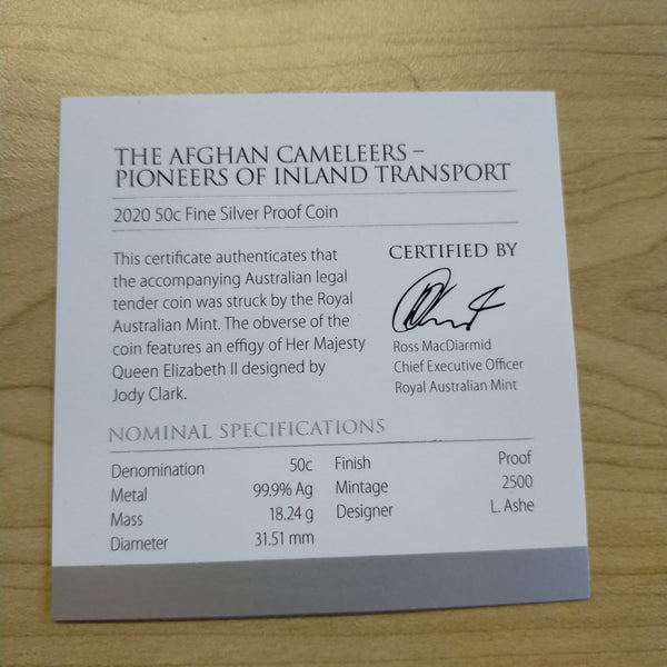 Australia 2020 Royal Australian Mint 50c Afghan Cameleers 1/2oz .999 Proof Silver Coin