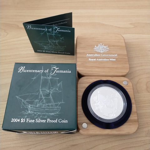 Australia 2004 Royal Australian Mint $5 Bicentenary of Tasmania 1oz .999 Proof Silver Coin. Only 7500 minted