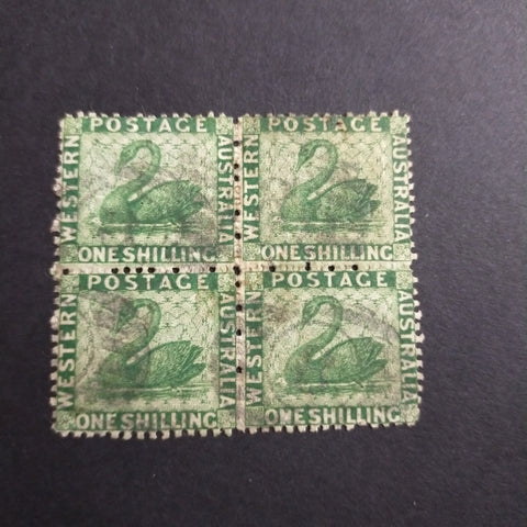 Western Australia SG 61 1865 1/- Bright Green Swan Used Block of 4 Stamps