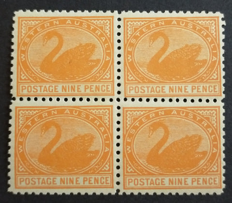 WA Western Australia Australian States SG 133, 1902 9d Yellow-Orange Fresh Block 3 Stamps MUH