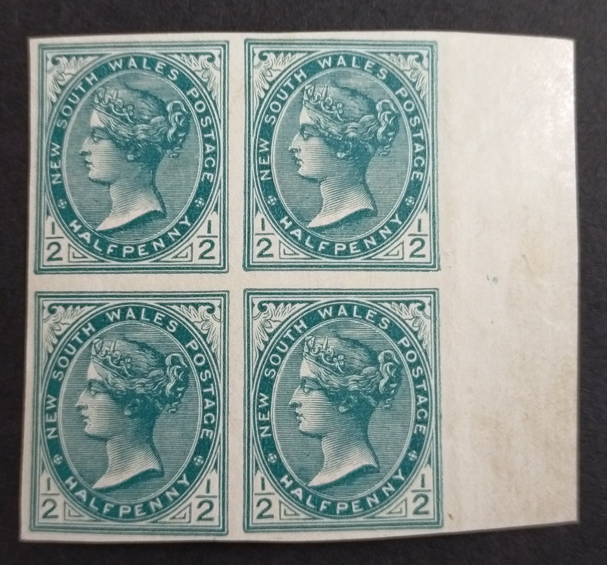 NSW 1899 SG298a 1/2d Blue-Green Marginal Block of 4 Variety Imperforate Fine Mint