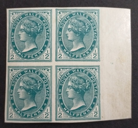 NSW 1899 SG298a 1/2d Blue-Green Marginal Block of 4 Variety Imperforate Fine Mint