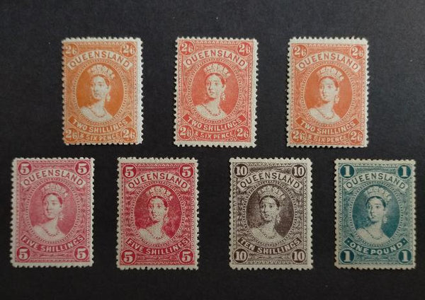 Queensland Australia 1907-11 Watermark Crown over A (Sideways) Perf 12 1/2, 13 2/6d Vermilion, 2/6d Dull Orange, 2/6d Reddish-Orange, 5/- Rose, 5/- Deep Rose, 10/- Blackish-Brown, £1 Bluish-Green SG 309-12