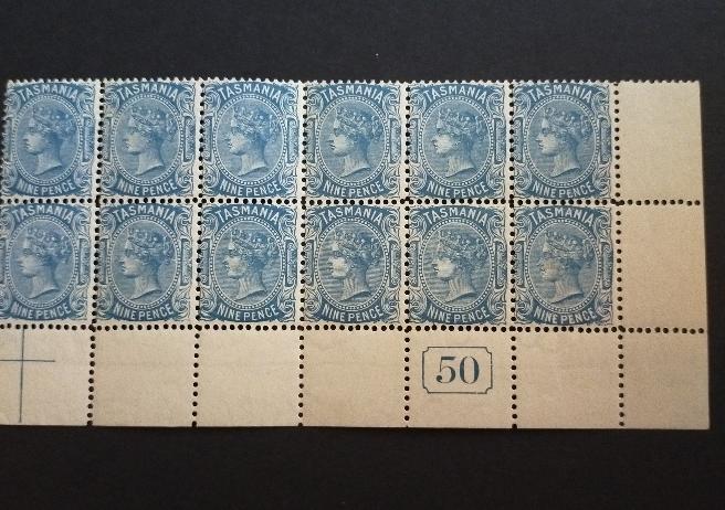 Tasmania Australia 1906-09 Watermark Crown Over Double-Lined A (inverted) 9d Blue Block of 12 With Different Perfs SG 256/b