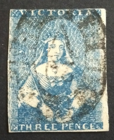 Victoria Barred Oval Obliterators: 20 (unknown post office) Legible Strike on 3d Half-Length Fourth Printing (SG 11) Touched Along Top, Rated RRRR