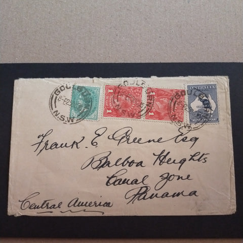 New South Wales Australia Canal Zone Panama 1905-10 Watermark Crown Over A 1916 1/2d Green Used With 2 1/2d Kangaroo Second Watermark and George V 1d Red Vertical Pair on Cover from Goulburn to Canal Zone Panama