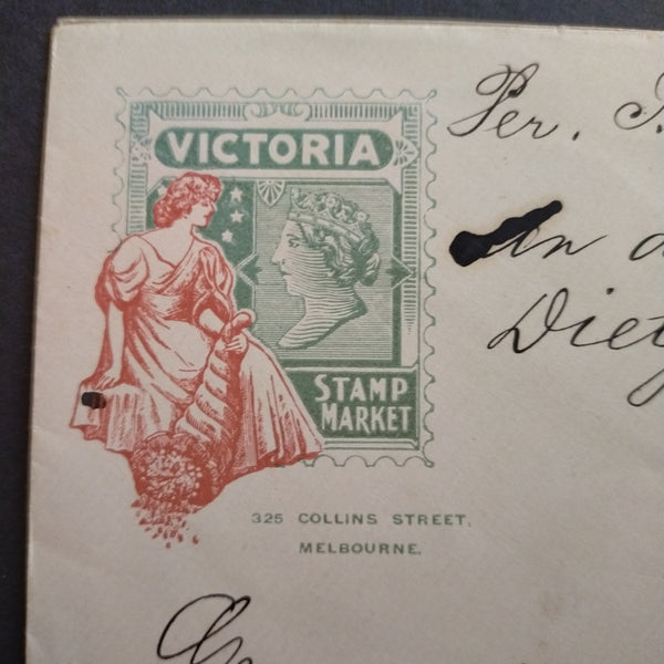 Victoria Australia 1901-10 Watermark V Over Crown (V4) 1/2d Blue-Green Perf 12 1/2 Used with 1d Rose pair on coloured illustrated stamp dealers advertising envelope