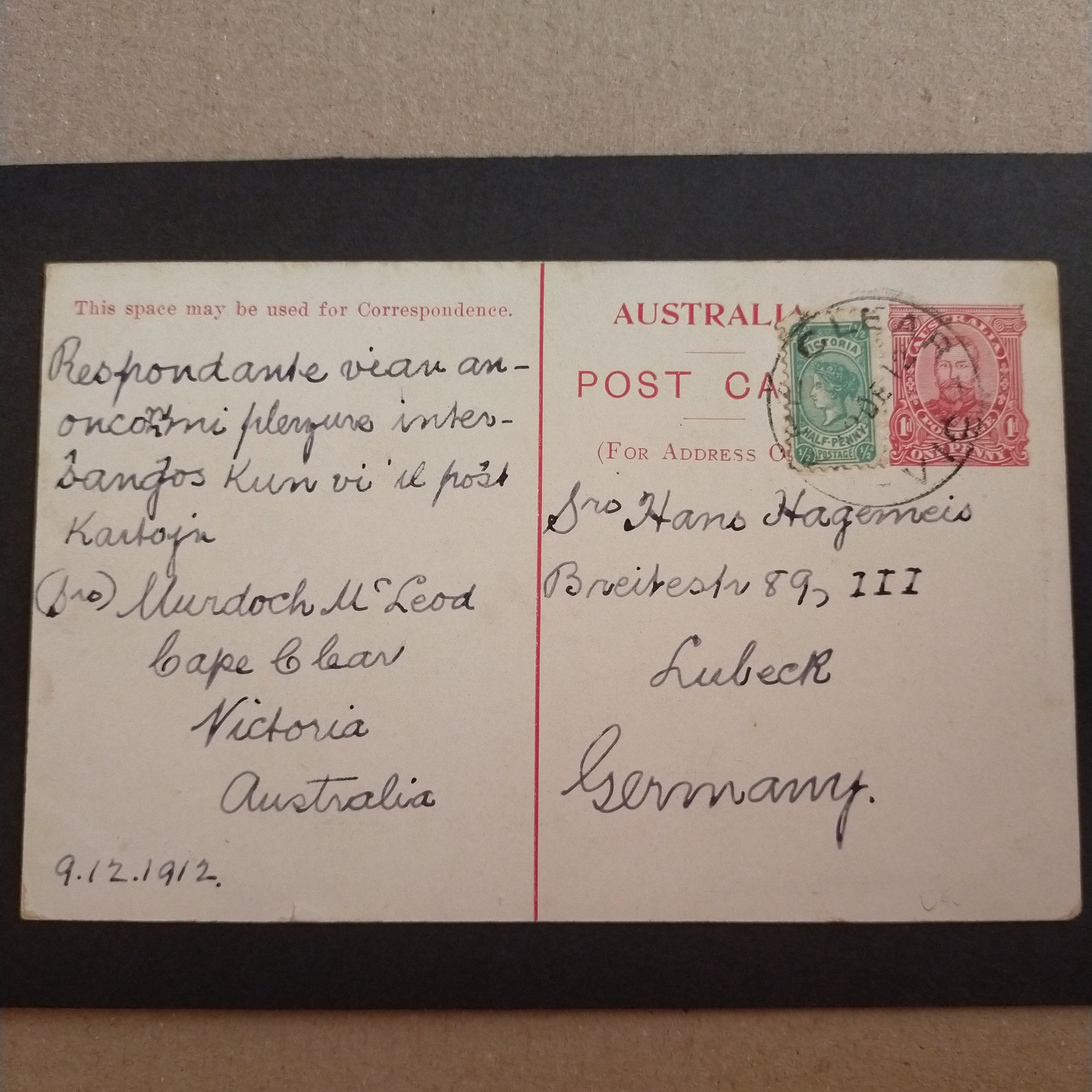Victoria Australia combination cover 1912 Watermark Crown over Double-Lined A Thin Pregummed Paper 1/2d Blue-Green Perf 12 1/2 Uprating 1912 1d Full Face Scenic Card