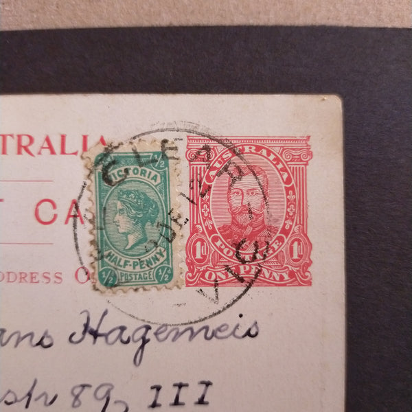 Victoria Australia combination cover 1912 Watermark Crown over Double-Lined A Thin Pregummed Paper 1/2d Blue-Green Perf 12 1/2 Uprating 1912 1d Full Face Scenic Card