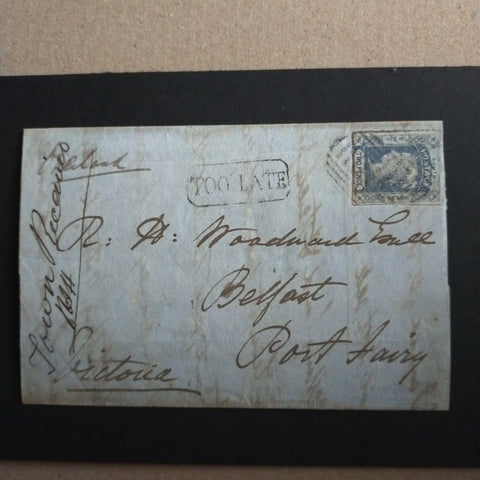 New South Wales 1852 Part Entire From Sydney to Port Fairy Victoria with 2d Greyish-Blue Laureate Plate I tied by dumb obliterator