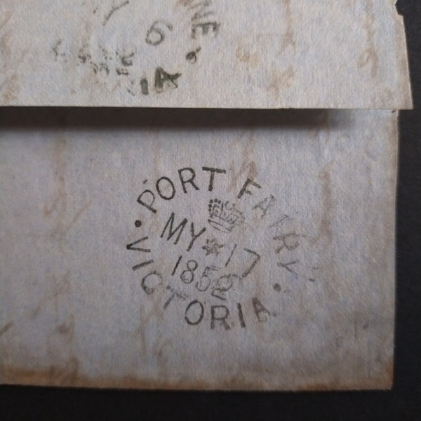 New South Wales 1852 Part Entire From Sydney to Port Fairy Victoria with 2d Greyish-Blue Laureate Plate I tied by dumb obliterator