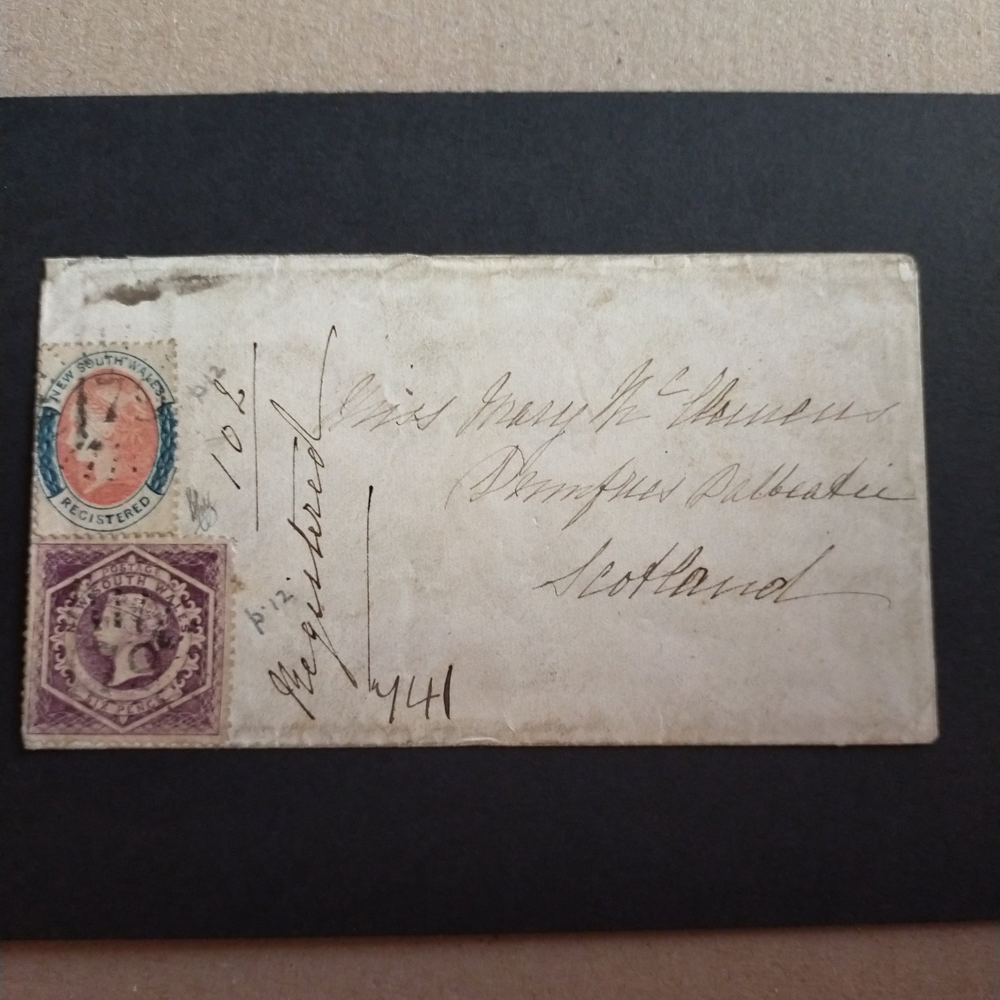 New South Wales Australia 1867 Registered Envelope from Balmain to Scotland bearing 6d Purple Diadem Perf 13 and 6d Registered Perf 13 cancelled