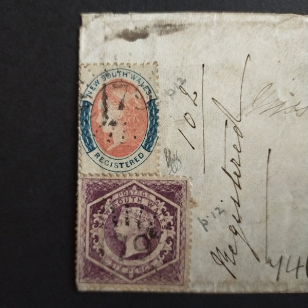 New South Wales Australia 1867 Registered Envelope from Balmain to Scotland bearing 6d Purple Diadem Perf 13 and 6d Registered Perf 13 cancelled