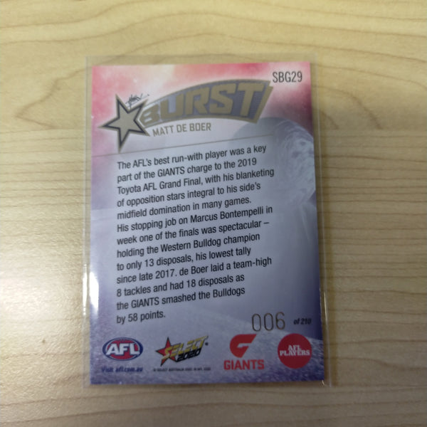 2020 Select Footy Stars Galactic Starburst GWS Giants Matt De Boer LOW NUMBER No. 006/210