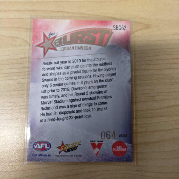2020 Select Footy Stars Galactic Starburst Sydney Jordan Dawson No. 064/210