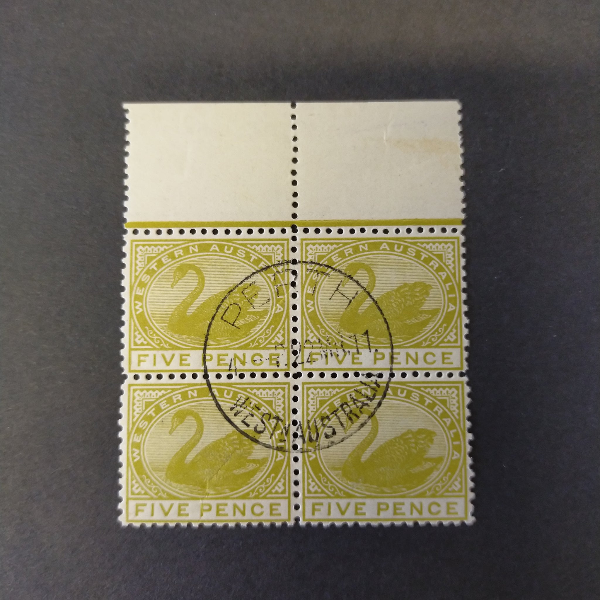 WA Western Australia Australian States SG 143a 1902-12 5d Olive-Green Block of 4 MUH CTO Perth CDS Wmk Double Lined A/Crown Perf 12 1/2