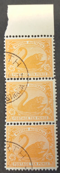 Western Australia 1902-12 SG145a 10d Rose-Orange Vertical Strip of 3 MUH CTO Perth CDS