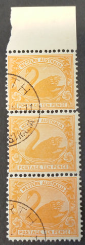 Western Australia 1902-12 SG145a 10d Rose-Orange Vertical Strip of 3 MUH CTO Perth CDS