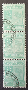 WA Western Australia Australian States SG 148 1902-12 5/- Emerald-Green Vertical Strip of 3 MUH CTO Perth CDS Wmk V/Crown Perf 12 1/2