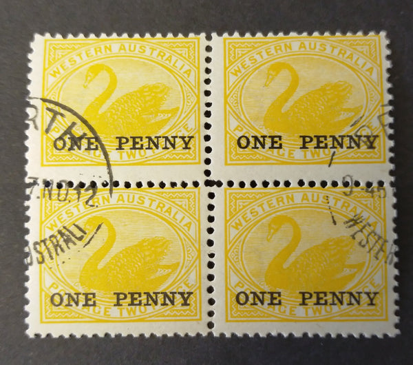 WA Western Australia Australian States 1902-12 SG172 2d Yellow Block of 4 CTO Dated 7 No 12 Perth CDS Watermark