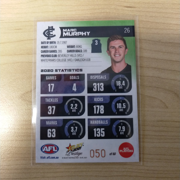 2021 AFL Select Prestige Green Parallel Marc Murphy Carlton No.50/60