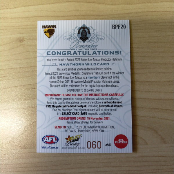 2021 AFL Select Prestige Platnium Brownlow Predictor Hawthorn Wildcard No.60/60