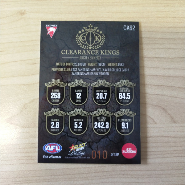 2021 AFL Select Prestige Clearance Kings Josh Kennedy Sydney No.10/120