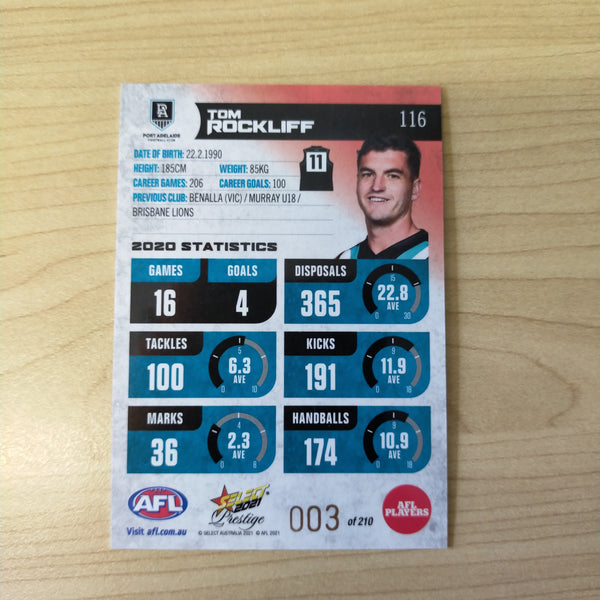 2021 AFL Select Prestige Red Parallel Tom Rockliff Port Adelaide LOW NUMBER No.003/210