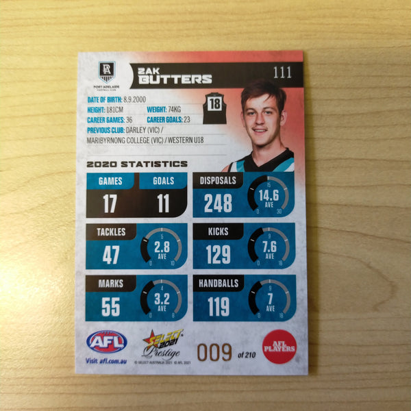 2021 AFL Select Prestige Red Parallel Zak Butters Port Adelaide LOW NUMBER No.009/210