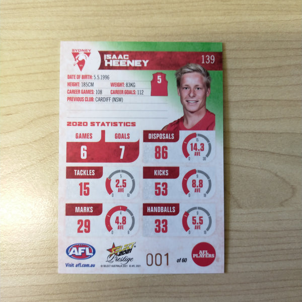2021 AFL Select Prestige Green Parallel Isaac Heeney Sydney LOW NUMBER No.001/60