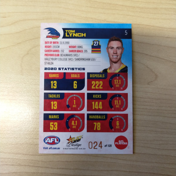 2021 AFL Select Prestige Blue Parallel Tom Lynch Adelaide No.24/125