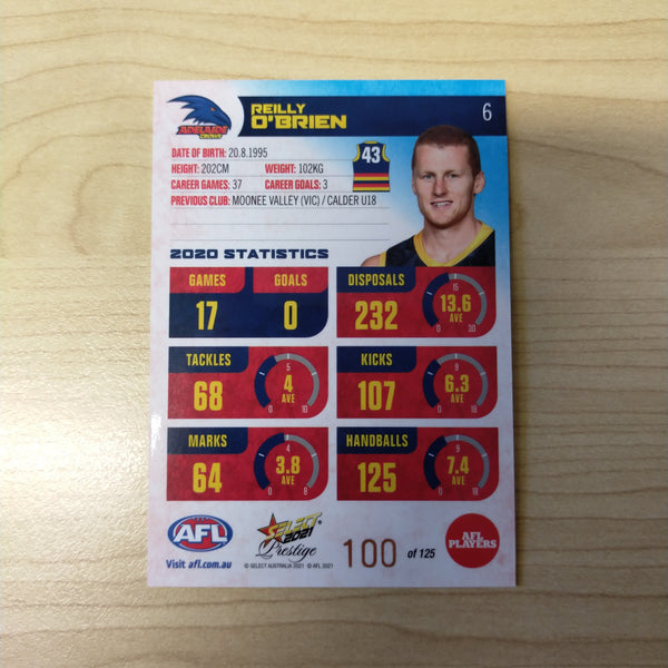 2021 AFL Select Prestige Blue Parallel Reilly O'Brien Adelaide No.100/125