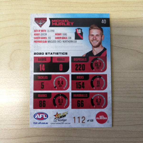 2021 AFL Select Prestige Blue Parallel Michael Hurley Essendon No.112/125