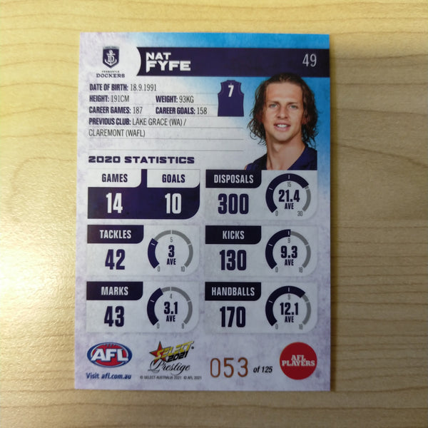 2021 AFL Select Prestige Blue Parallel Nat Fyfe Fremantle No.53/125