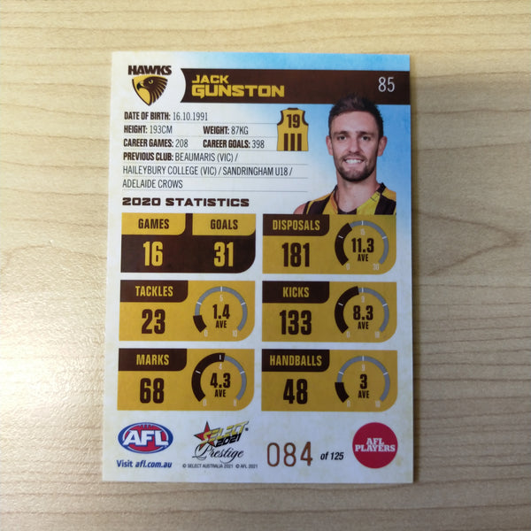 2021 AFL Select Prestige Blue Parallel Jack Gunston Hawthorn No.84/125