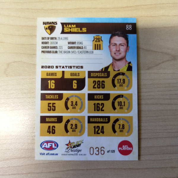 2021 AFL Select Prestige Blue Parallel Liam Shiels Hawthorn No.36/125