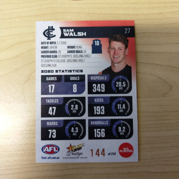 2021 AFL Select Prestige Red Parallel Sam Walsh Carlton No.144/210