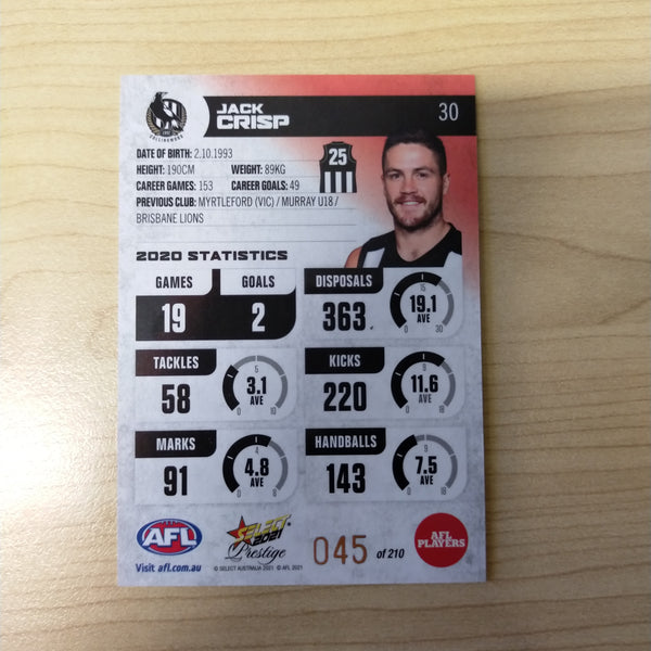 2021 AFL Select Prestige Red Parallel Jack Crisp Collingwood No.45/210