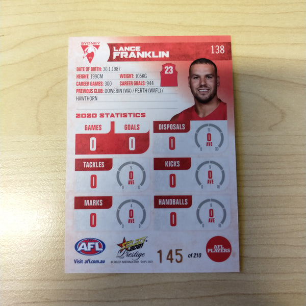 2021 AFL Select Prestige Red Parallel Lance Franklin Sydney No.145/210